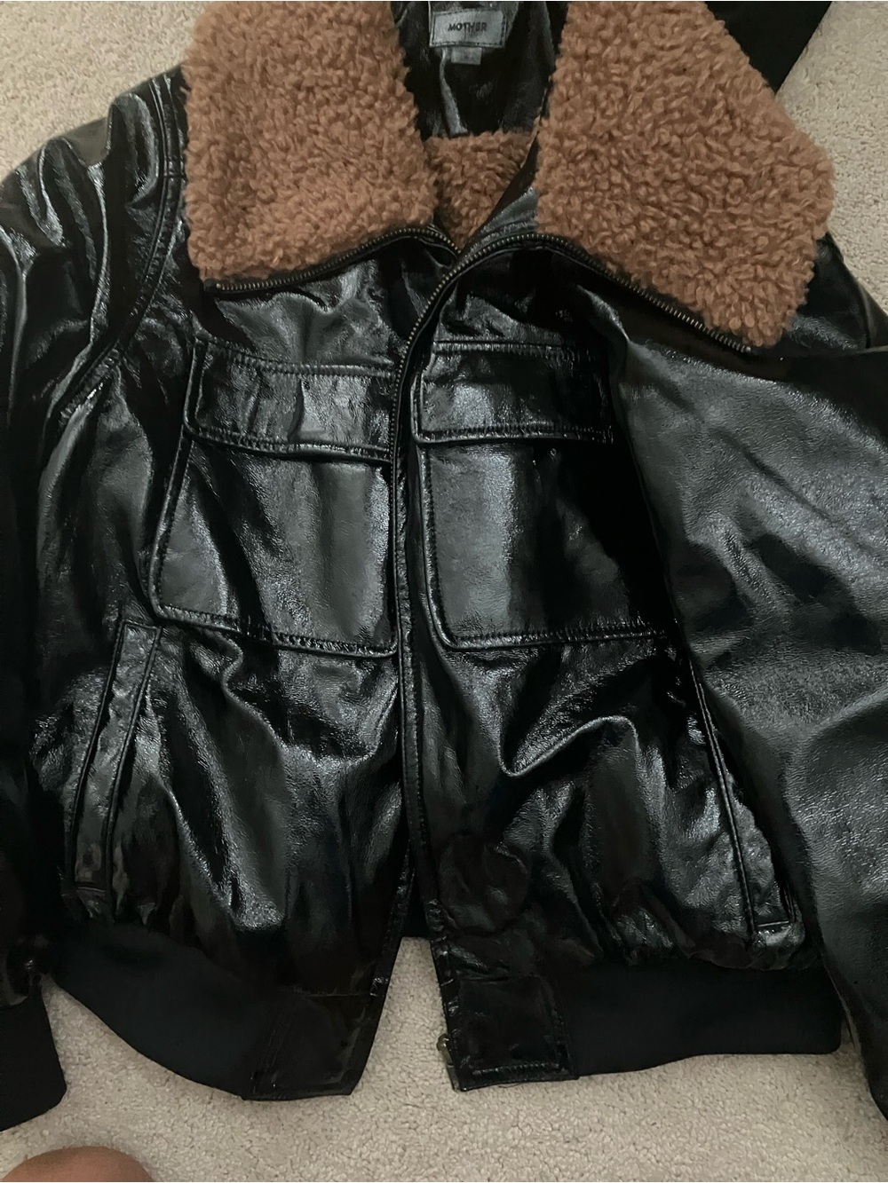 MOTHER Black Faux Leather Bomber Jacket with Brown Shearling Collar